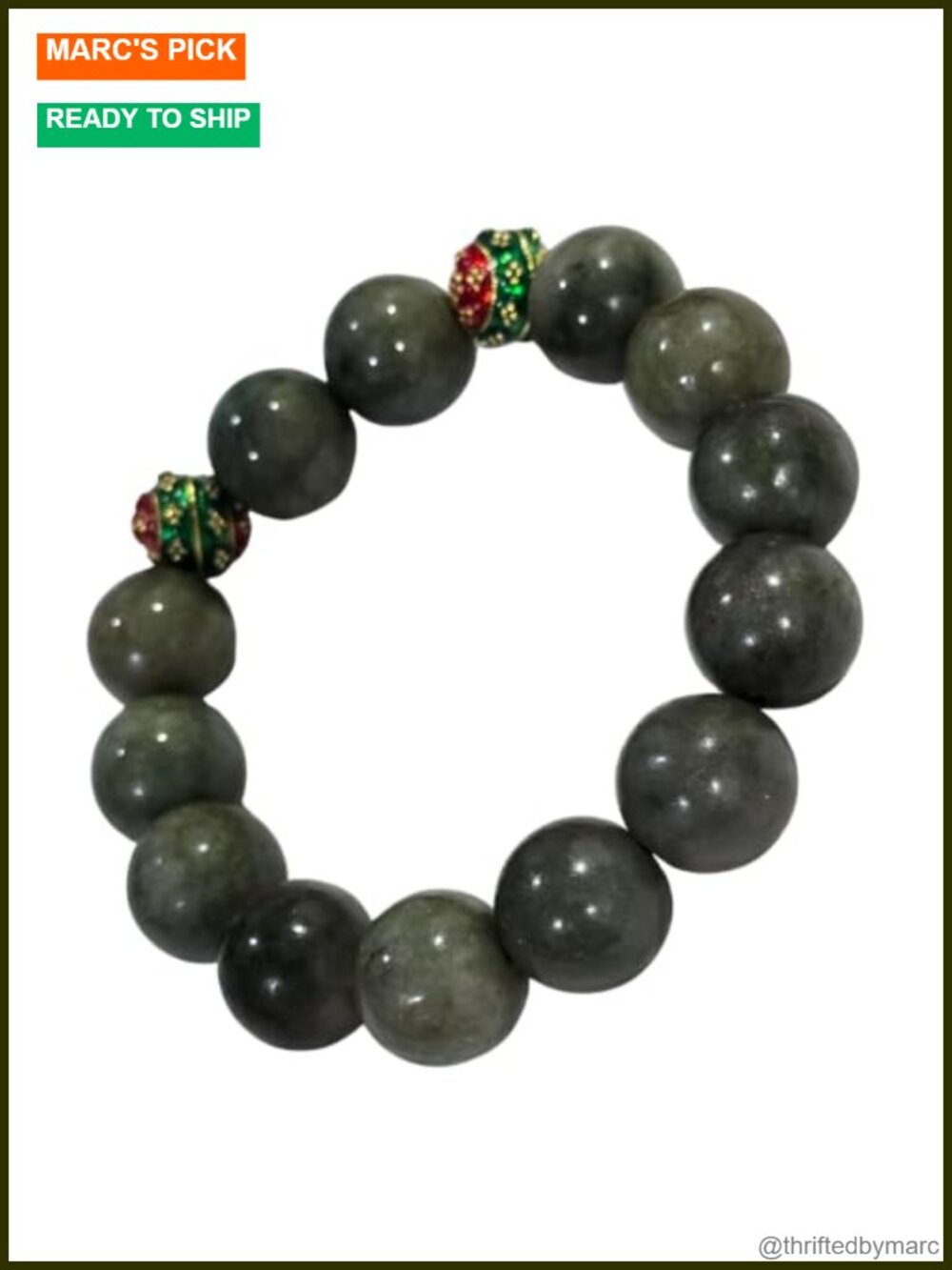 Natural Green Jade Beaded Stretch Bracelet 13.6mm Handmade Feng Shui Gift